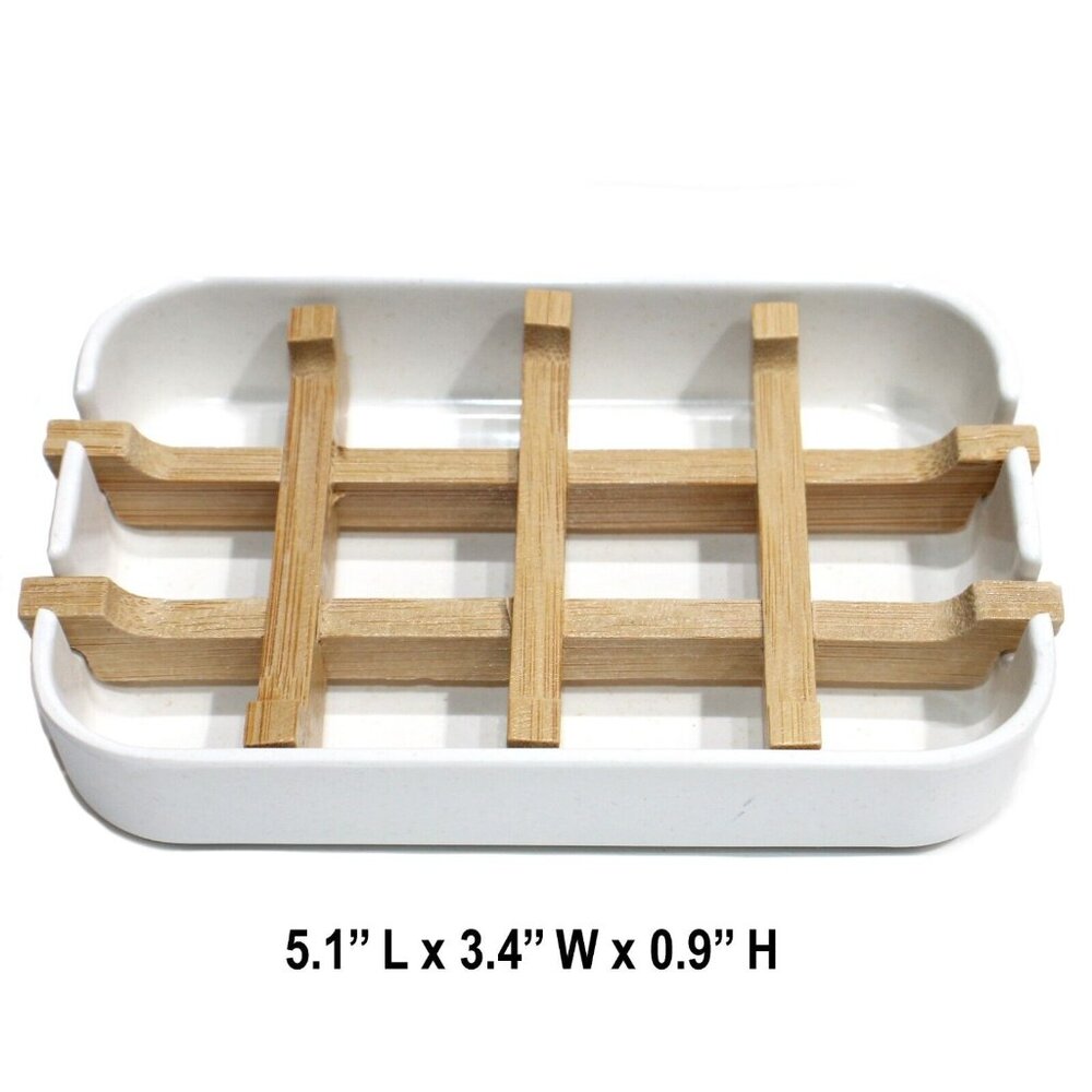 Bamboo Fiber Self-Draining Soap Dish Drain Storage Holder Tray Bathroom Set of 2